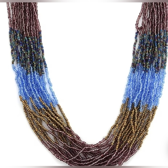 Blue and Brown Seed Beaded Multi Strand Necklace 22 Inches, NIB - Picture 2 of 6